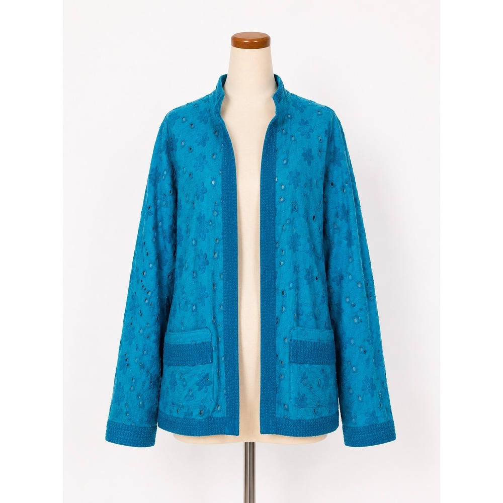 Chicos Teal Blue Floral Eyelet Embroidered Cotton Open Front Jacket Size 3 L/XL